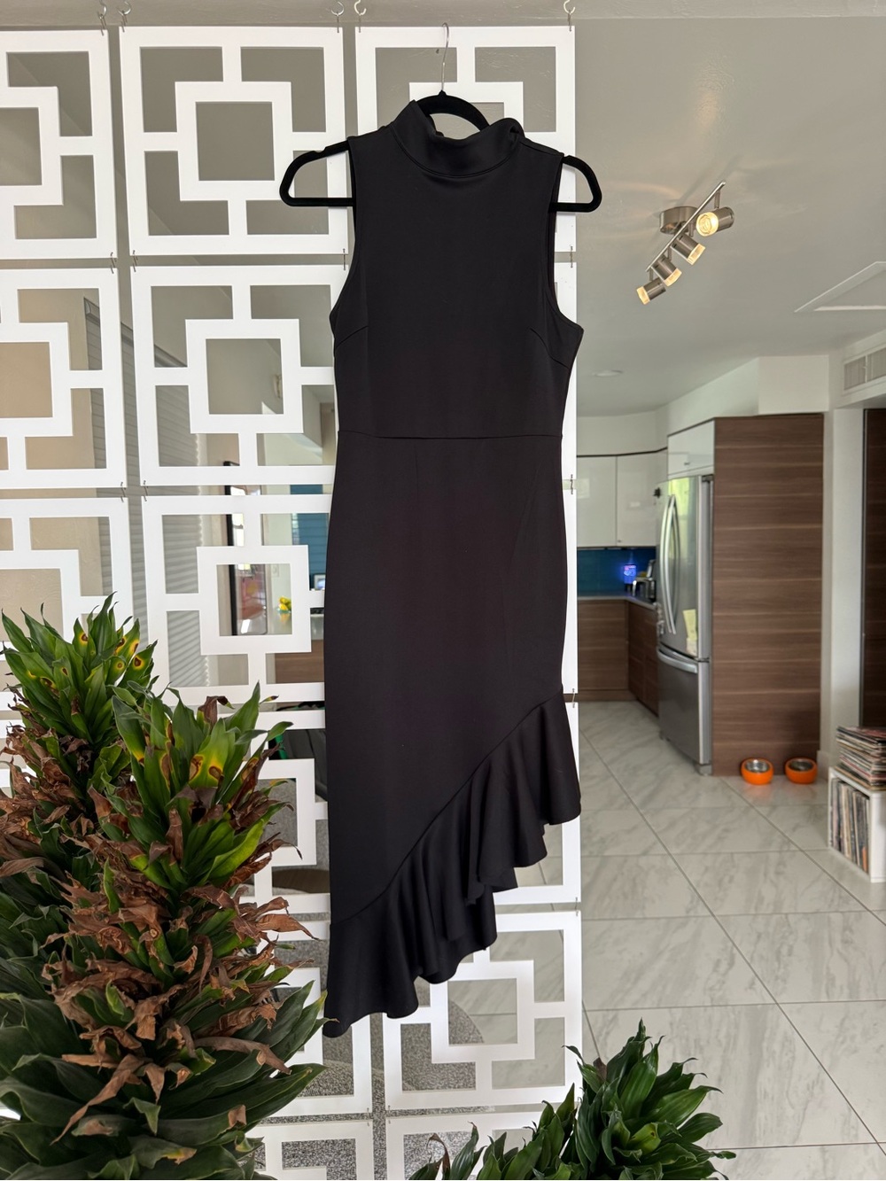 VENUS Black Sleeveless High-Neck Midi Dress with Asymmetric Ruffle